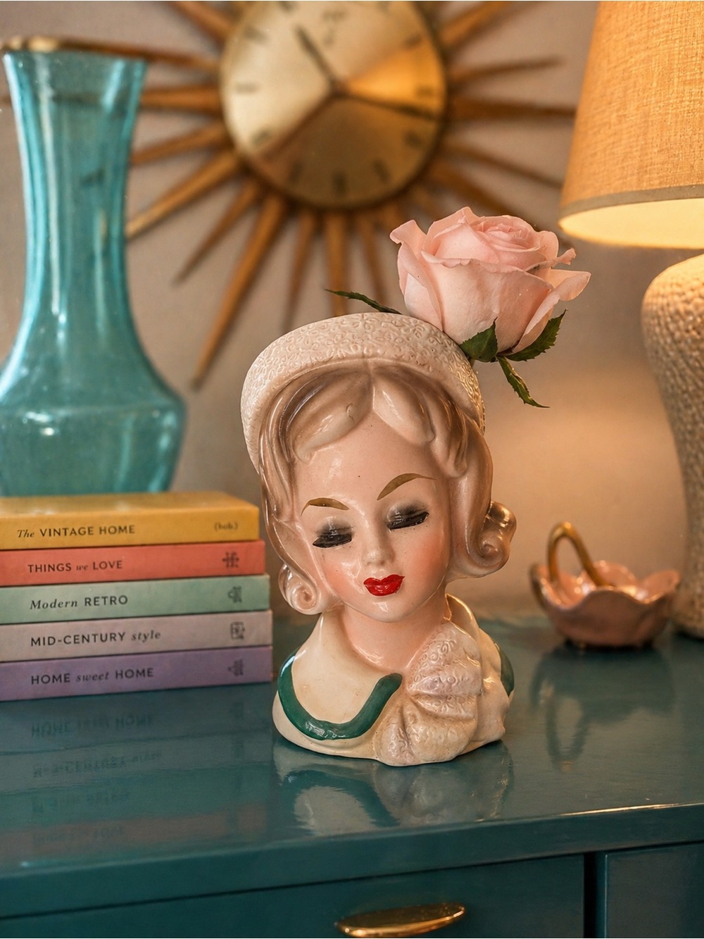 Vintage Lady Head Vase w/ Pink Roses | Mid Century Ceramic Planter Glam Decor